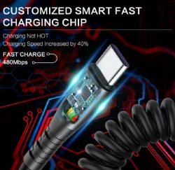 usb A male to USB C male spring data transfer power charge cable