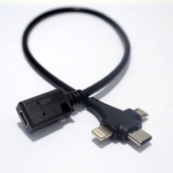 30cm multi usb female to 3 in 1 USB C/Micro usb/iphone cable
