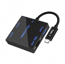 5-in-1 USB 3.0 Hub, Portable USB Splitter with 3x USB 3.0 Ports, SD/TF Card Reader, LED Backlight, DC Power Port, Compact ABS Design for Laptop, PC, Desktop (Black)