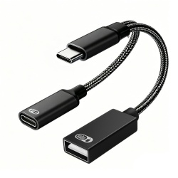 2 in 1 USB C OTG Adapter Cable, Type-C Male to USB-A Female + Type-C Female Splitter, 5V2A 10W Charging, Braided OTG Converter for Phone Tablet Laptop