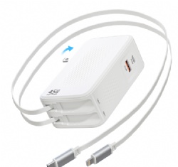 45W GaN Charger with Built-in Retractable USB-C Cable, 3-Port USB-C+USB-A PD QC Fast Charger, Foldable US Plug Multi-Device Wall Charger for MacBook Air, iPhone 15/16, Samsung Galaxy, Laptops, Phones, Tablets