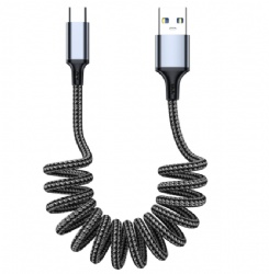 Custom Logo Coiled USB-A to Type-C Carplay Cable, Tinned Copper 3A Stretchable Spring Charging Data Cord, Bulk Factory Direct Auto Cable Manufacture