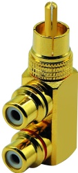 90 Degree Right Angle RCA Male to 2 RCA Female Plug Audio Video Splitter Adapters Gold-Plated Metal Connector M/F